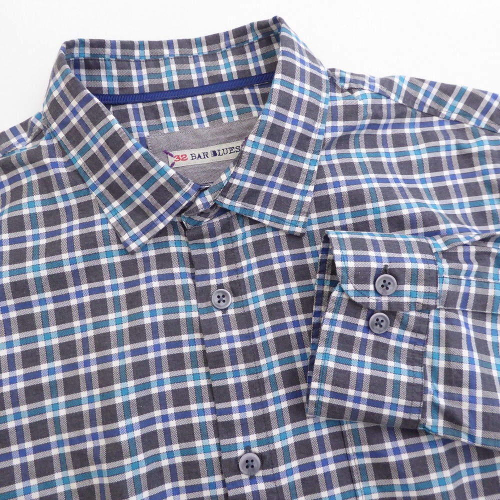 32 Bar Blues Mens Oxford Cotton Button Up Shirt Blue Plaid Long Sleeve Large